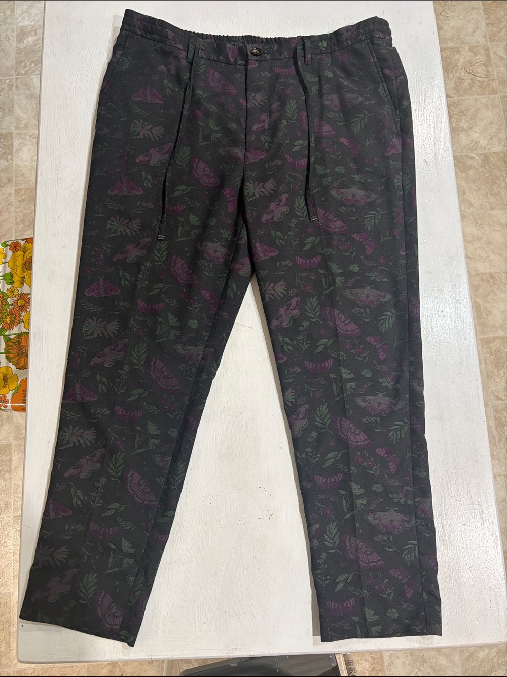 Milano Black Elastic-Waist Pants with Green & Purple Moth and Plant Print